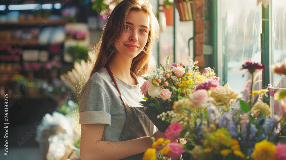 Cheerful young woman florist wearing green overall and making a flowers bouquet in florist shop with various flowers. Small business owner.