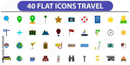 Modern flat icons vector collection with long shadow effect in stylish colors of traveling, tourism and vacation theme.