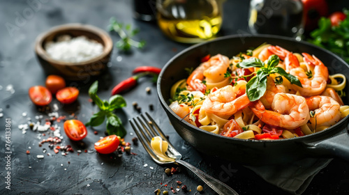 Italian pasta fettuccine in a creamy sauce with shrimp on a plate on dark background, side view. Copy space. Healthy whole grain linguine with shrimps, cherry tomatoes, fresh Parmesan cheese and basil