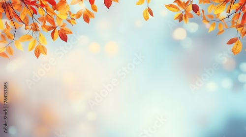 Beautiful autumn foliage background with brunches and falling tree leaves at sky with bokeh