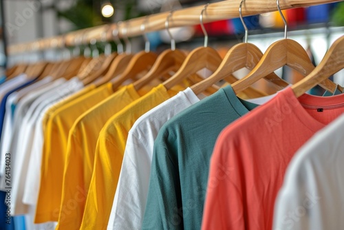 Clean, ironed tshirts on a hanger in a store or at home in a light wardrobe Clothing store concept for sale , high resolution photo
