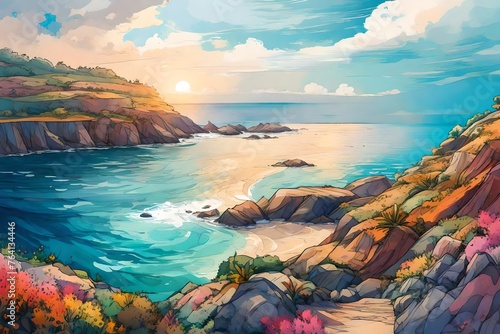 A panoramic view of the coastline, capturing the meeting point of land, sea, and sky in a harmonious blend of colors.