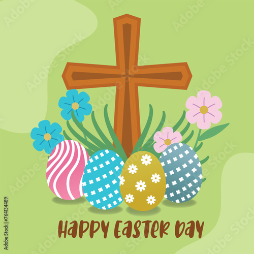 Easter Day with Christian cross, flowers, and eggs background. Social media post.