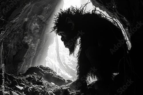 Silhouette of a troll whispering secrets in an echoic underground passage photo