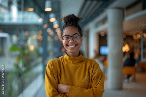 Confident young woman in glasses and a yellow sweater smiling in a modern office environment