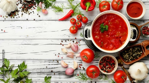 Fresh borscht soup with spices and herbs on a white wooden background
