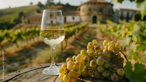 Glass of white wine with fresh grapes on a barrel overlooking a vineyard at sunset