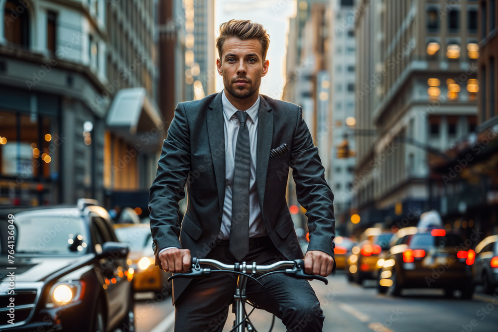 Stylish young businessman rides his bicycle in a bustling urban environment at twilight