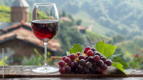 Glass of red wine with fresh grapes on a rustic wooden table overlooking scenic mountain vineyards