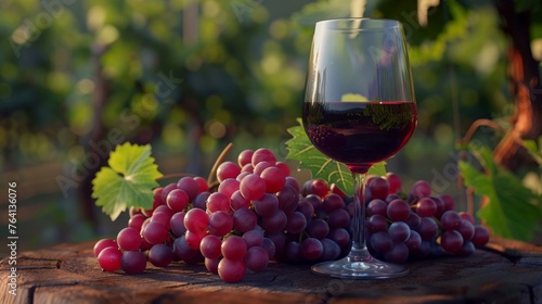 Glass of red wine with ripe grapes on wooden surface against a vineyard background at dusk