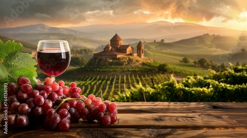 Glass of red wine with fresh grapes on a rustic wooden table overlooking a scenic vineyard at sunset photo