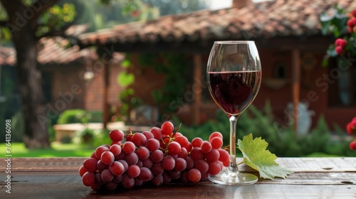 A glass of red wine with a bunch of grapes on a wooden table overlooking a vineyard estate.