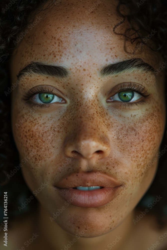 Close-up portrait of a woman with captivating green eyes and freckled skin Close-up portrait of a woman with captivating green eyes and freckled skin