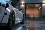 Modern white sports car parked on a wet driveway outside an upscale house during twilight.