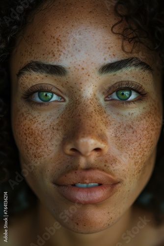Close-up portrait of a woman with captivating green eyes and freckled skin