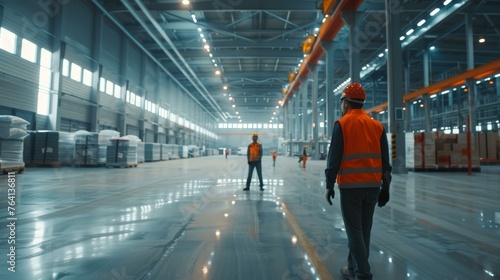 Industrial warehouse interior with two workers in high visibility vests and hard hats walking through the facility