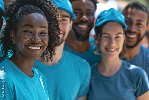 Smiling group of diverse volunteers wearing blue shirts and caps outdoors © BrightWhite