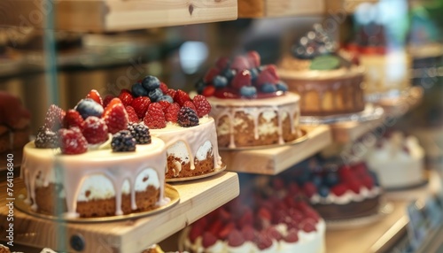 Array of gourmet cakes topped with fresh berries on display at a high-end bakery shop.