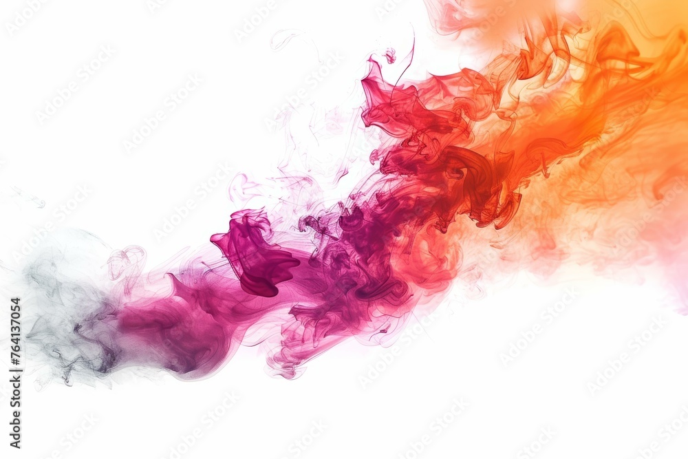 Colorful smoke swirls transitioning from purple to orange against a white background