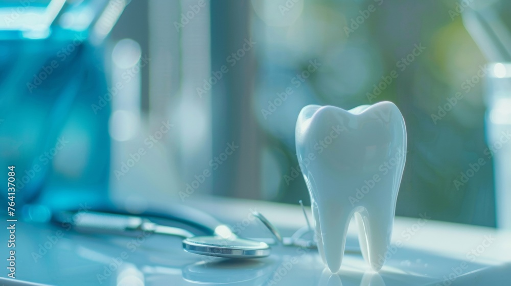 Close-up view of human tooth 3D model on table Close-up view of human tooth 3D model on table