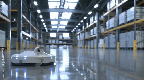 Autonomous mobile robot navigating through a modern warehouse with shelves and goods in the background