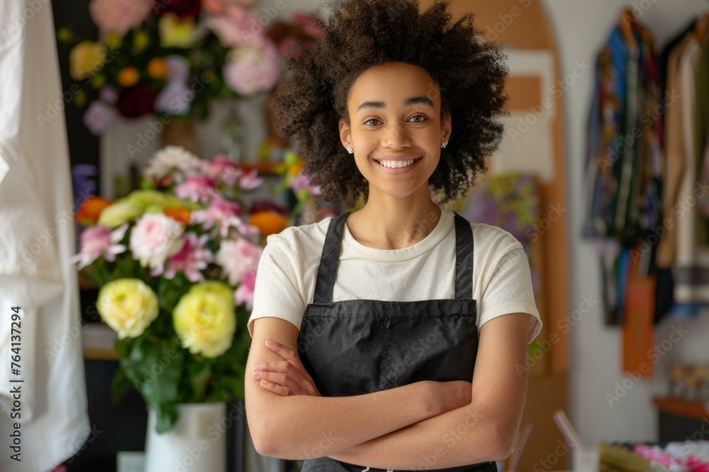 Confident young florist with a warm smile standing in her flower shop