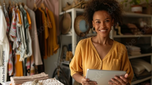Entrepreneur with a bright smile holding a tablet in her cozy clothing boutique