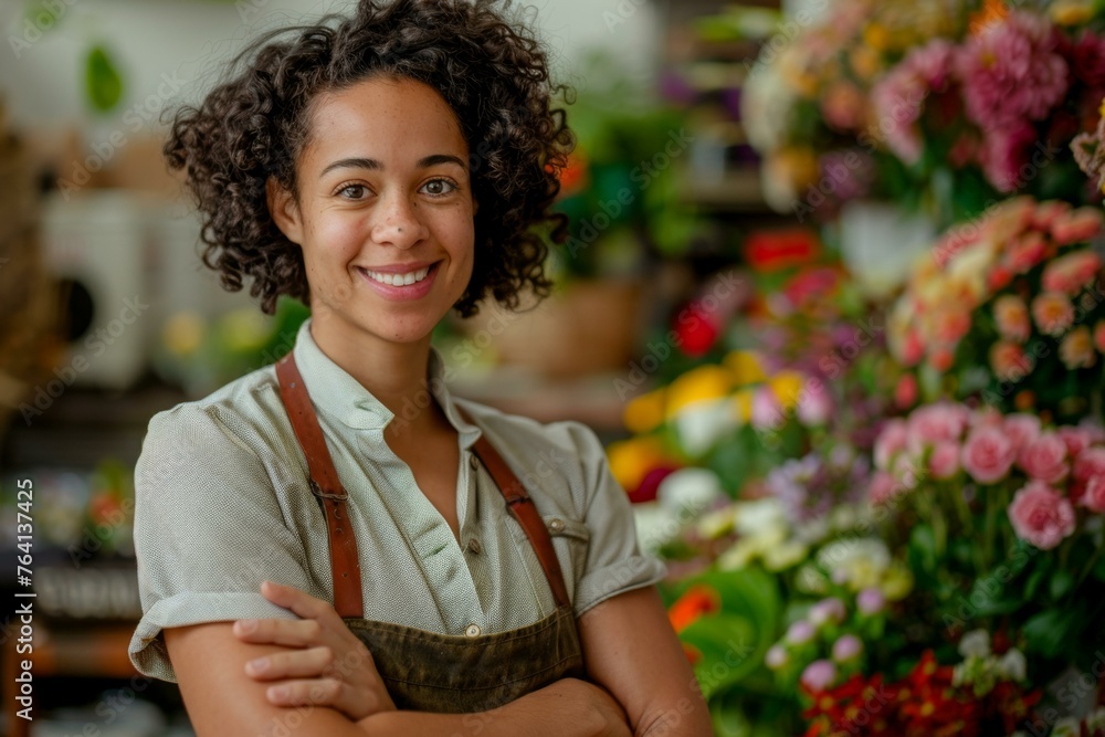 Confident florist with a cheerful smile standing in a flower shop surrounded by colorful blooms - obrazy, fototapety, plakaty 