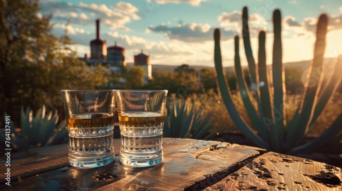 Two glasses of whiskey on a rustic wooden table with a backdrop of cacti and a warm sunset. © BrightWhite