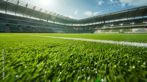 Sun-kissed green grass of an empty stadium under a clear blue sky, showcasing the pristine conditions of a modern sports arena.