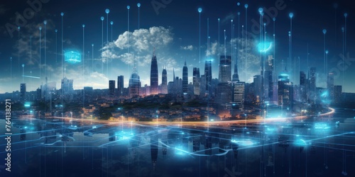 Vibrant Blue Lights Illuminate City Skyline Generative AI