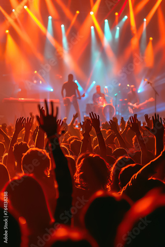Exhilarated concert crowd with hands raised, capturing the electric atmosphere of live music