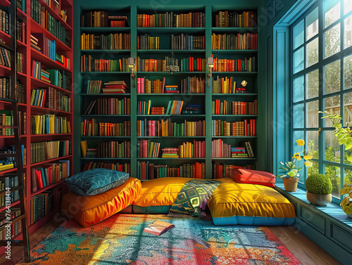 Colorful cozy library corner filled with a vibrant array of books and sunny comfort