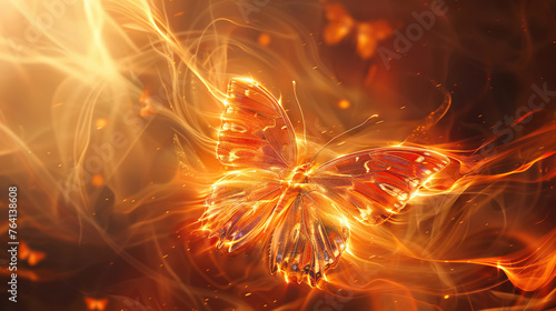 Fiery abstract butterfly ignites with intense orange flames against a smoky backdrop