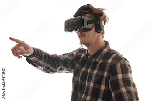 A man using VR glasses for virtual world isolated on transparent background