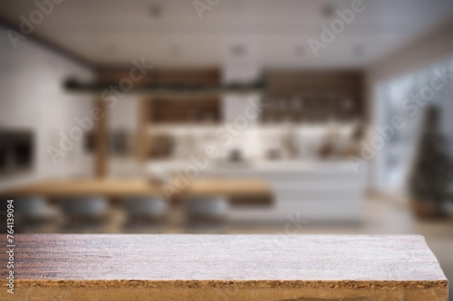 Empty wooden desk table in modern kitchen