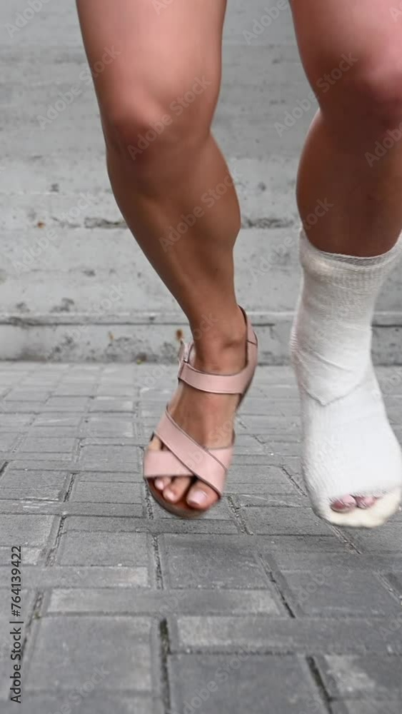 Woman with broken foot walking down the street using crutches. Vertical video. Woman with broken foot walking down the street using crutches. Vertical video.