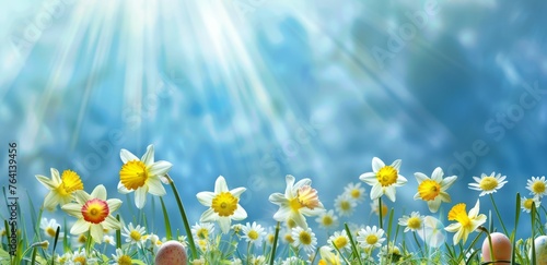 Easter background with daffodils and colorful eggs, blue sky, sun rays Generative AI
