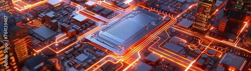 A Central CPU on a motherboard with glowing orange data paths photo