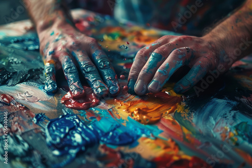 Hands immersed in vibrant paint on an artist's palette photo