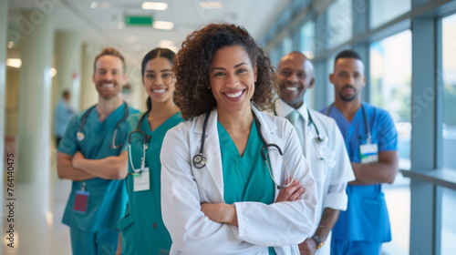 A group of smiling healthcare professionals stand confidently together in a hospital corridor.