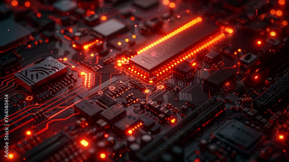 Circuitry brilliance: glowing red pathways on a computer chip