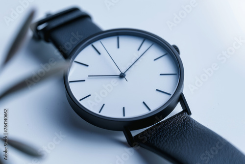 Minimalist black wristwatch with white dial and leather strap