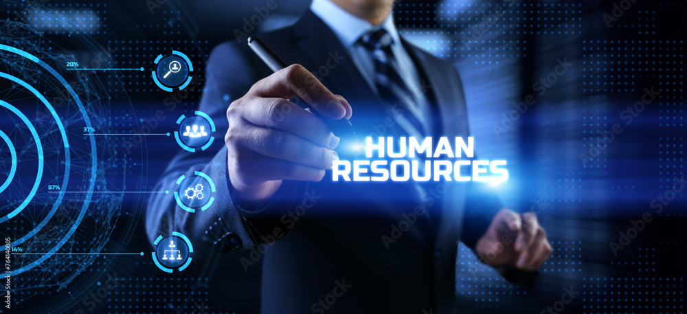 HR Human resources management Recruitment Headhunting. Businessman pressing button on screen. HR Human resources management Recruitment Headhunting. Businessman pressing button on screen.