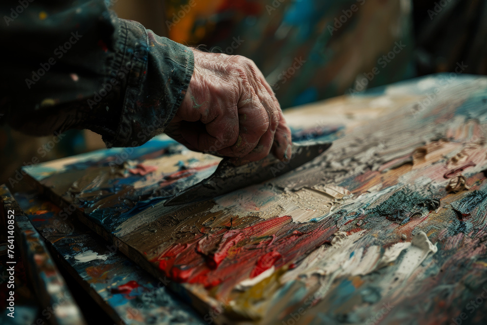 Artist's hand using a palette knife on a textured oil painting Artist's hand using a palette knife on a textured oil painting