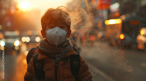 Front view of a child wearing a protective mask against heavy smog on a bustling street, with the warm glow of sunset in the background..