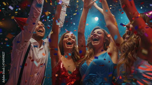 Four friends are celebrating with arms raised amidst a shower of confetti. © MP Studio