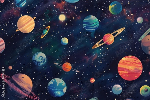 Background design with many planets in space illustration. Space icon set and astronaut