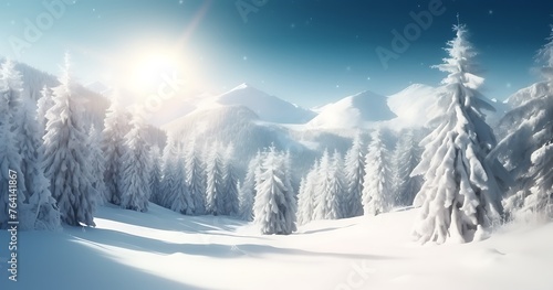 Pine trees in mountains and falling snow in fairy tale winter sunny morning. Soft ligth effect photo