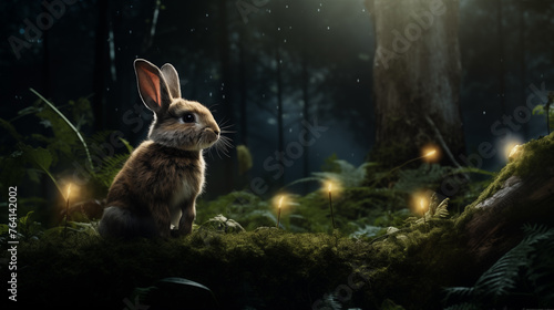 Enchanted Forest Scene with a Rabbit and Fireflies at Night Generative AI